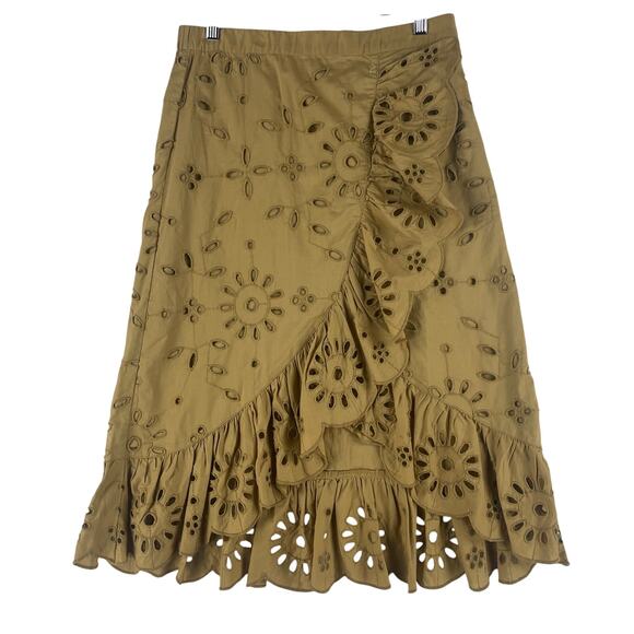 J.Crew Dresses & Skirts - J.Crew Womens Ruffle-Front Eyelet Skirt AP060 SZ S Khaki Midi Scalloped Hem